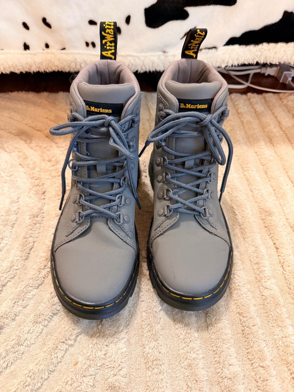 Dr. Martens Gray High-Top Lace-Up Boots with Yellow Stitching